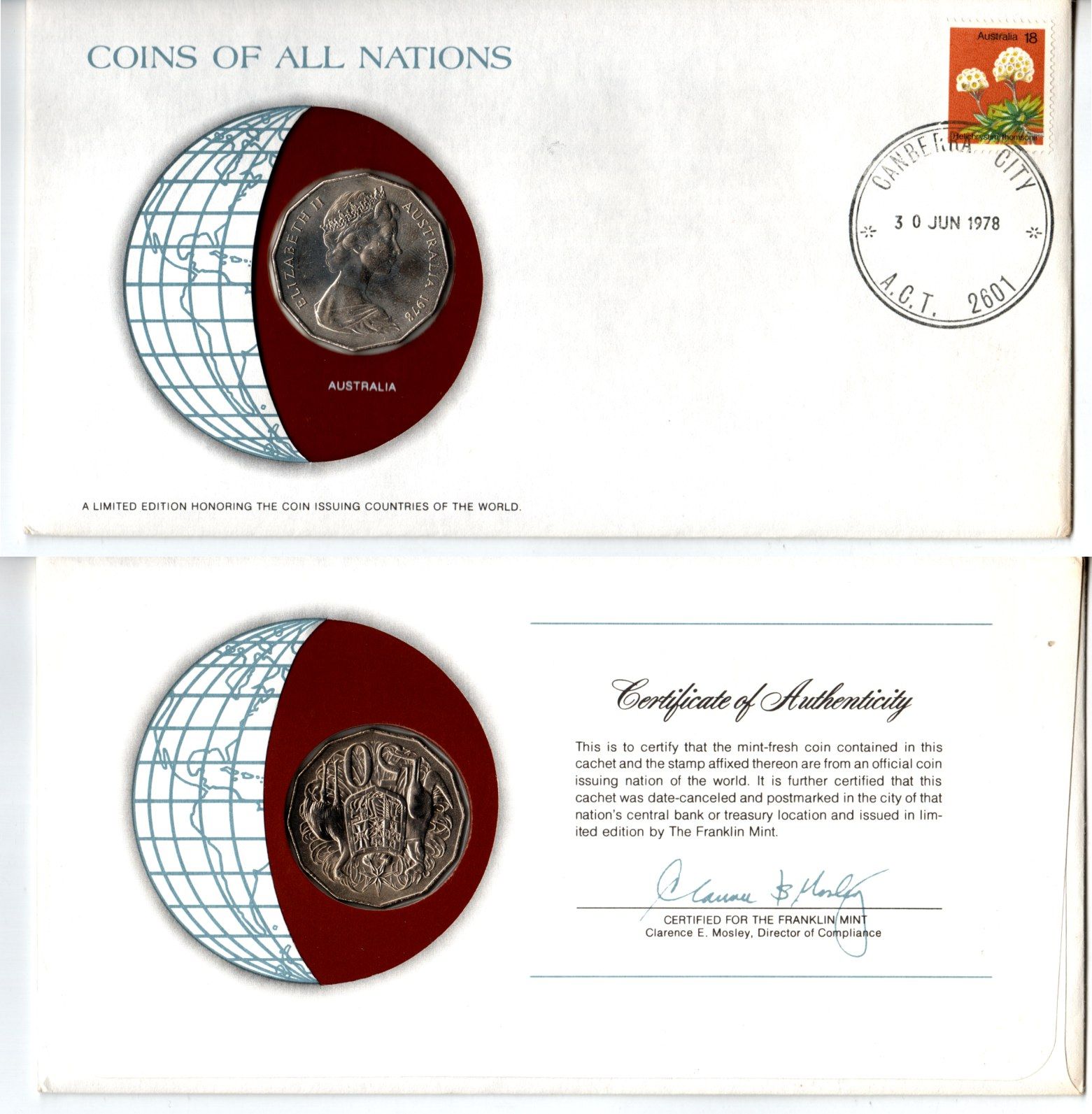 Австралия 50 центов 1978 конверт с маркой первого дня гашения, Coins of Nations KM 68 медно-никель UNC 4295-3-1
