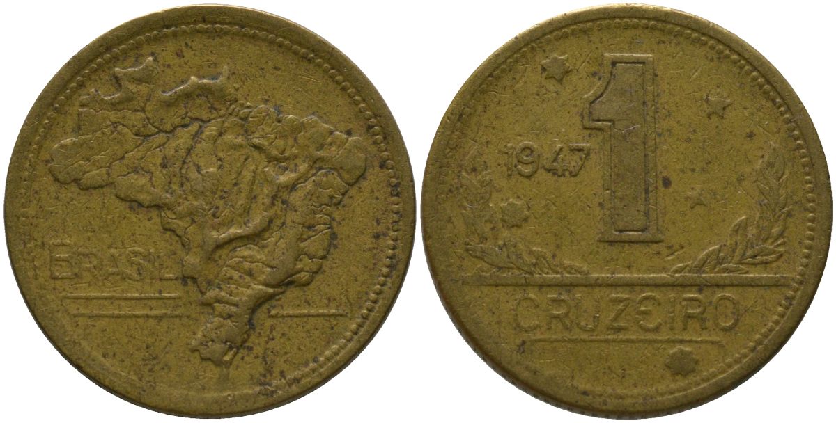 Бразилия 1 крузейро 1947 KM 558 алюминиевая бронза 4577-411