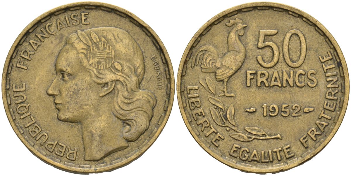 Франция 50 франков 1952 B, петух KM 918.1, Le Franc 425.5 алюминиевая бронза 4607-534