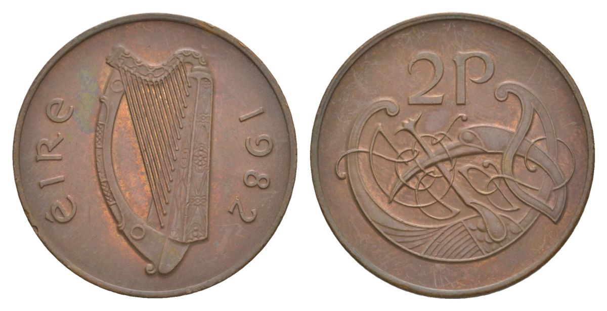 Ирландия 2 пенса 1982 виньетка в виде стилизованной птицы из второй библии Карла II Лысого KM 21 бронза aUNC 4633-614