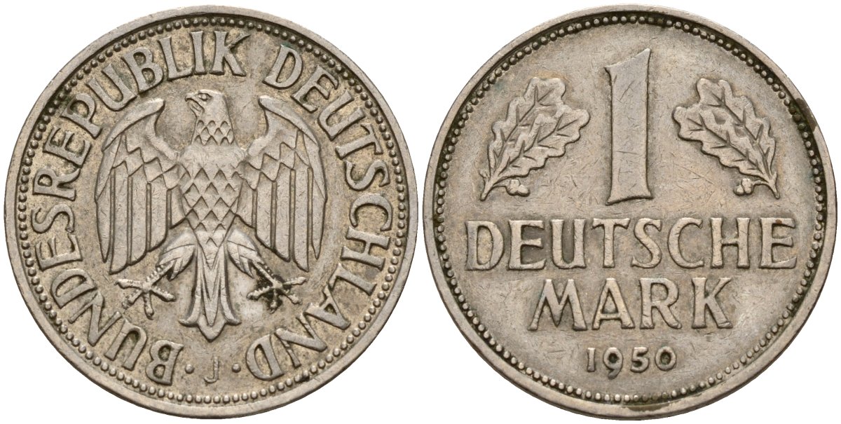 ФРГ 1 марка 1950 J KM 110, J. 385 медно-никель 4159-1027