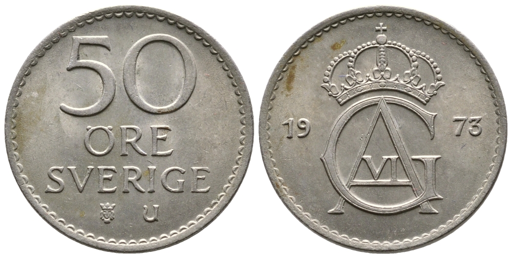Швеция 50 эре 1973 U, Густав VI Адольф (1950-1973) KM 837 медно-никель UNC 177-935