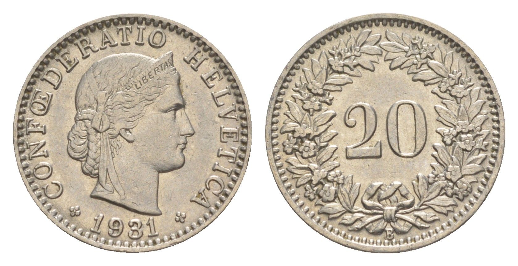 Швейцария 20 раппенов 1931 B KM 29 никель 4625-962