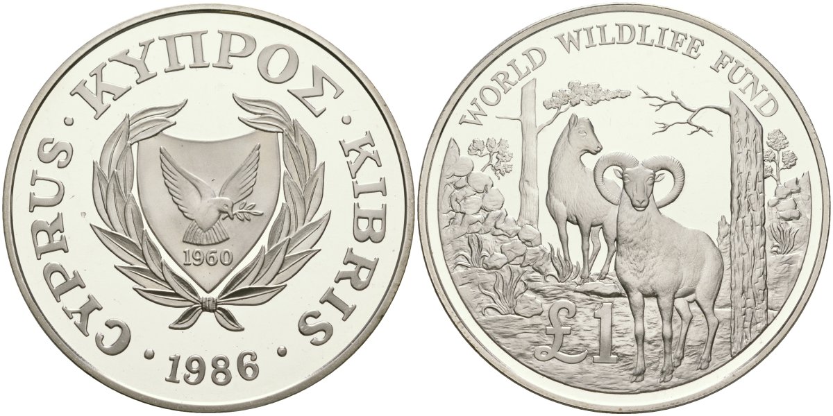 Кипр 1 фунт 1986 серия сохраним наш мир, муфлон KM 59 a серебро PROOF 1080-8-61