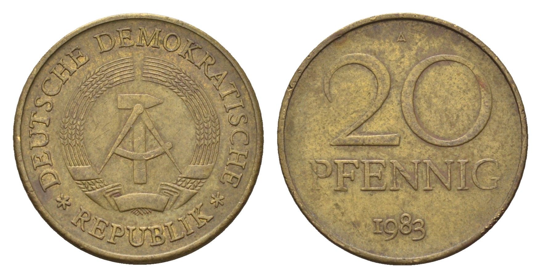 ГДР 20 пфеннигов 1983 А, первый год KM 11 латунь 4626-442