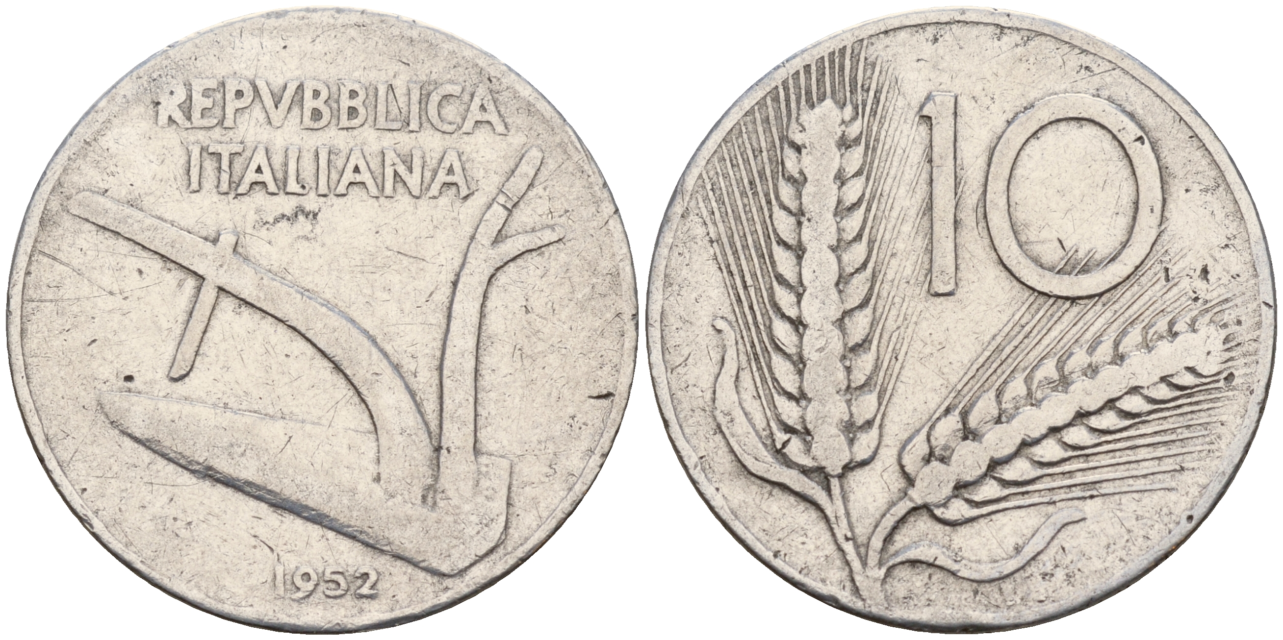Италия 10 лир 1952 R, плуг KM 93 алюминий    4595-335
