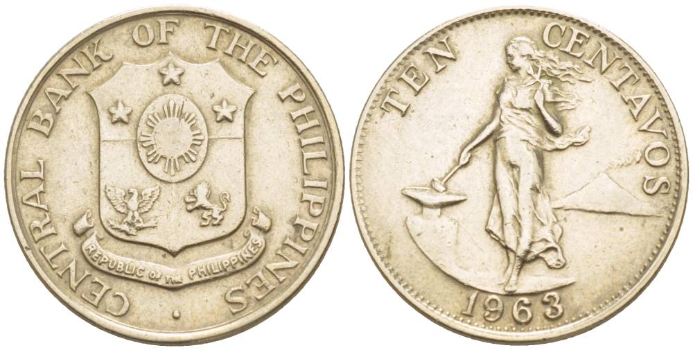 ФИЛИППИНЫ 10 СЕНТАВО 1963 KM 188 медь никель цинк 4544-525