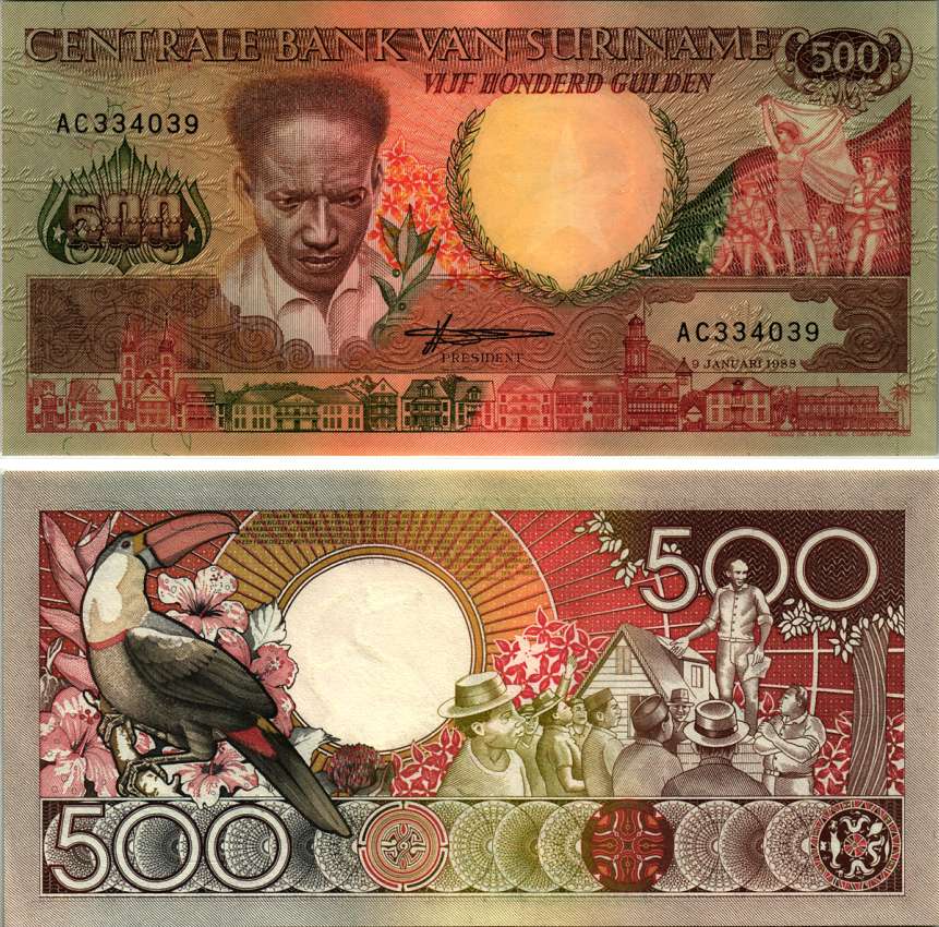 Суринам 500 гульденов 1988 Антон де Ком, тукан на ветке Pick 135 b бумага UNC (пресс) 7220-76-1