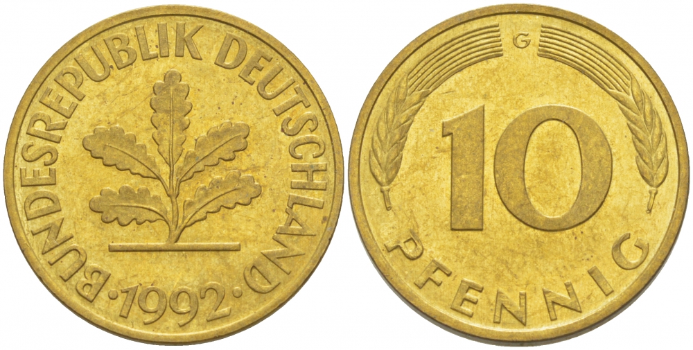 ФРГ 10 ПФЕННИГОВ 1992 J KM 108, J.383 сталь плакированная латунью 3718-844