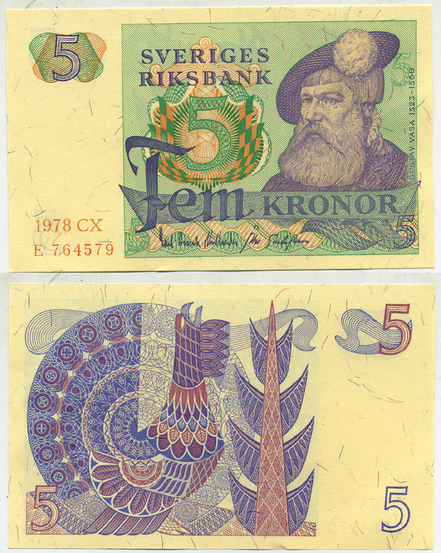 Швеция 5 крон 1978 CX, Густав I Ваза Pick 51d бумага aUNC 444-131-2