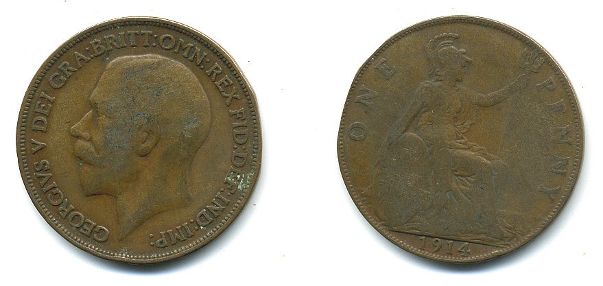 Великобритания 1 пенни 1914 Георг V (1910-1936) KM 810, Spink 4051 бронза 4110-124