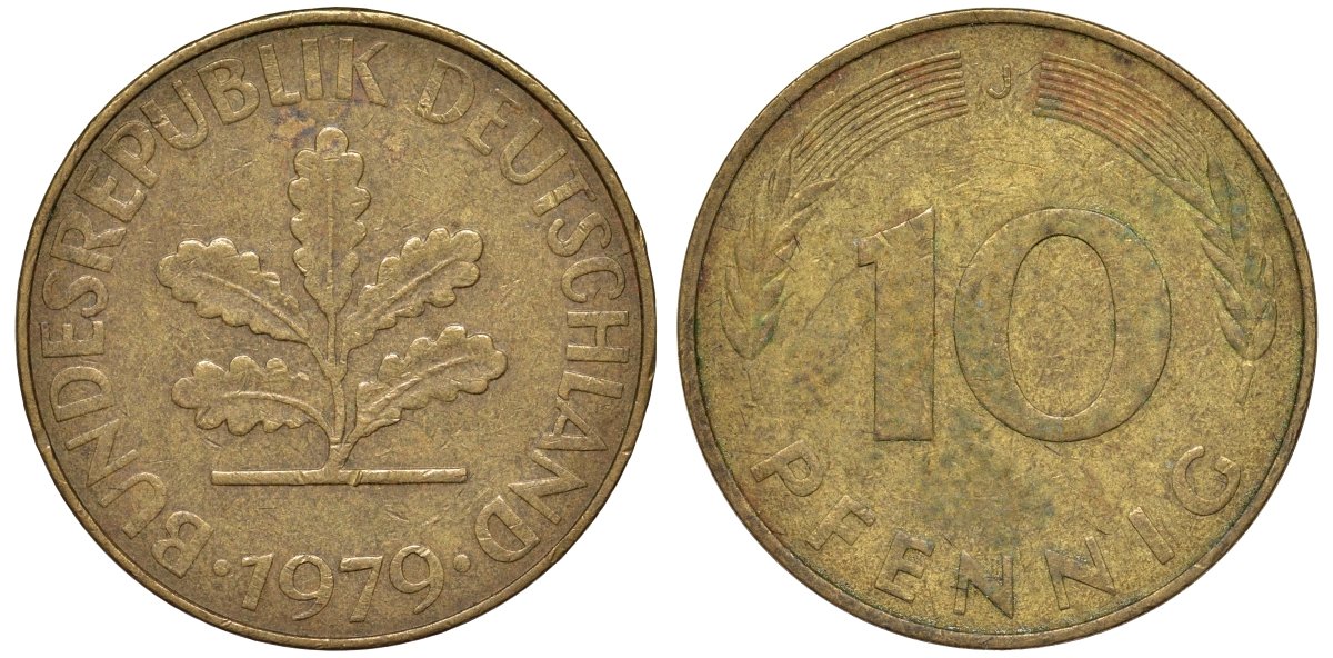 ФРГ 10 пфеннигов 1979 J KM 108, J. 383 сталь плакированная латунью 4132-554