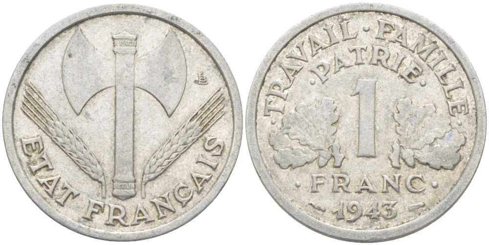 ФРАНЦИЯ 1 ФРАНК 1943 LB, ТИП LEGERE, ПРАВИТЕЛЬСТВО ВИШИ KM 902.1, LE FRANC 223.3 алюминий 51-3825