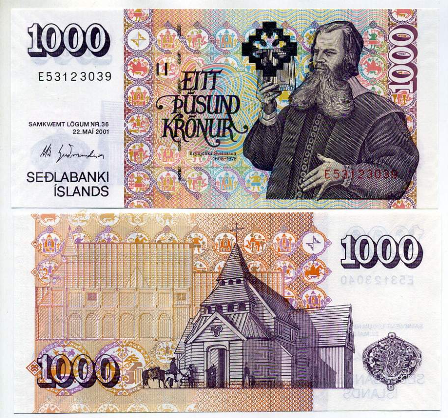 Исландия 1000 крон 2001 Бриньольфур Свейнссон Pick 59 (6) бумага UNC (пресс) 451-406-1