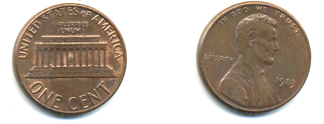 США 1 ЦЕНТ 1983 ЛИНКОЛЬН KM 201b цинк плакированный медью UNC 179-363