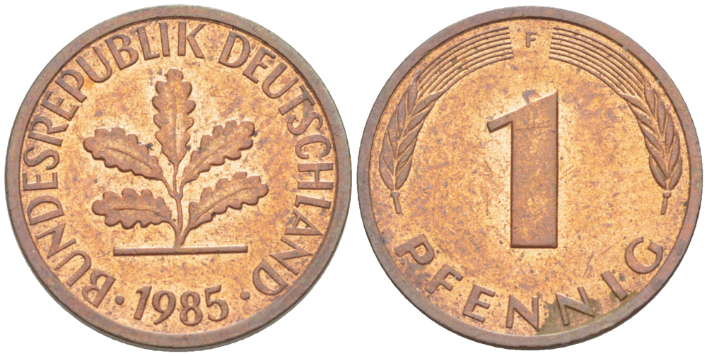 ФРГ 1 ПФЕННИГ 1985 F KM 105, J. 380 сталь плакированная медью 4181-661