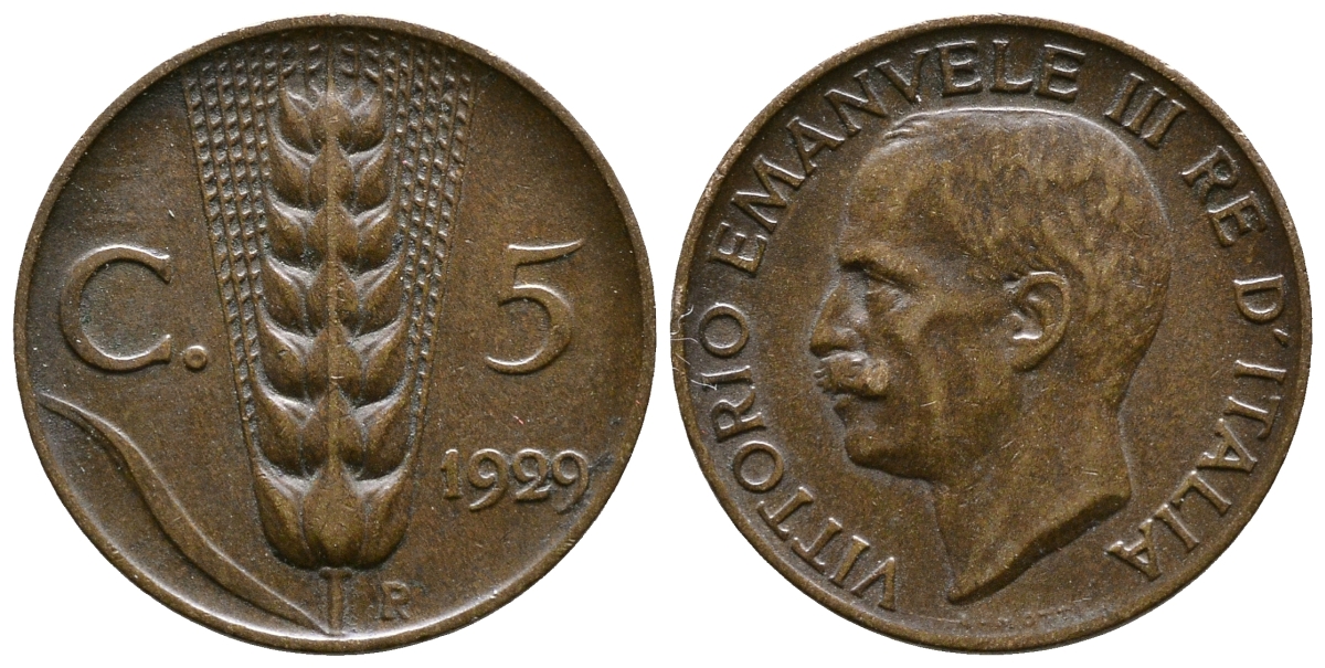 ИТАЛИЯ 5 ЧЕНТЕЗИМО 1929 R, ВИТОРИО ИМАНУИЛ KM 59 медь 08-531