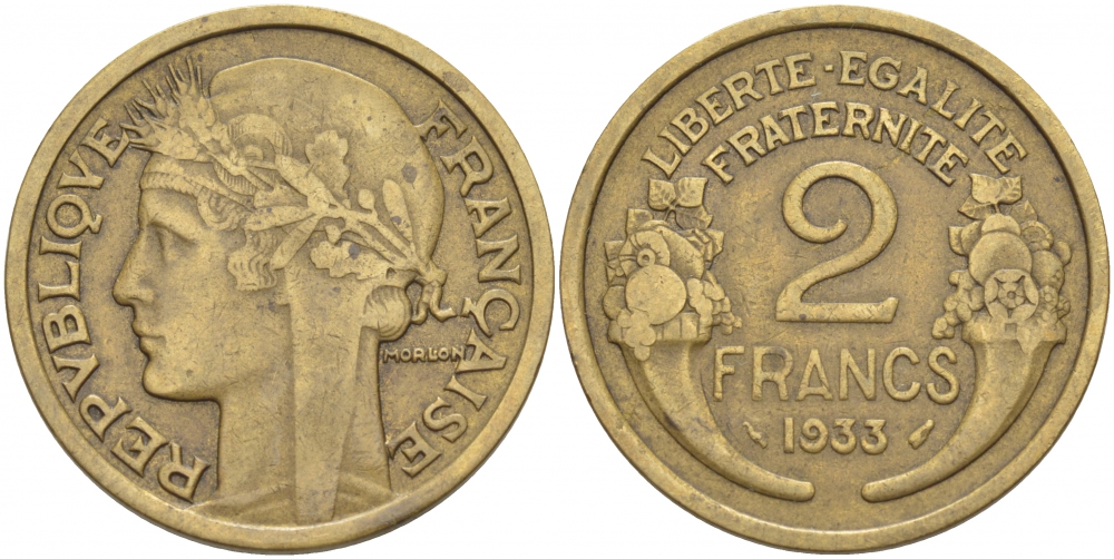 ФРАНЦИЯ 2 ФРАНКА 1933 ТИП MORLON KM 886, LE FRANC 268.5 алюминиевая бронза 4403-136