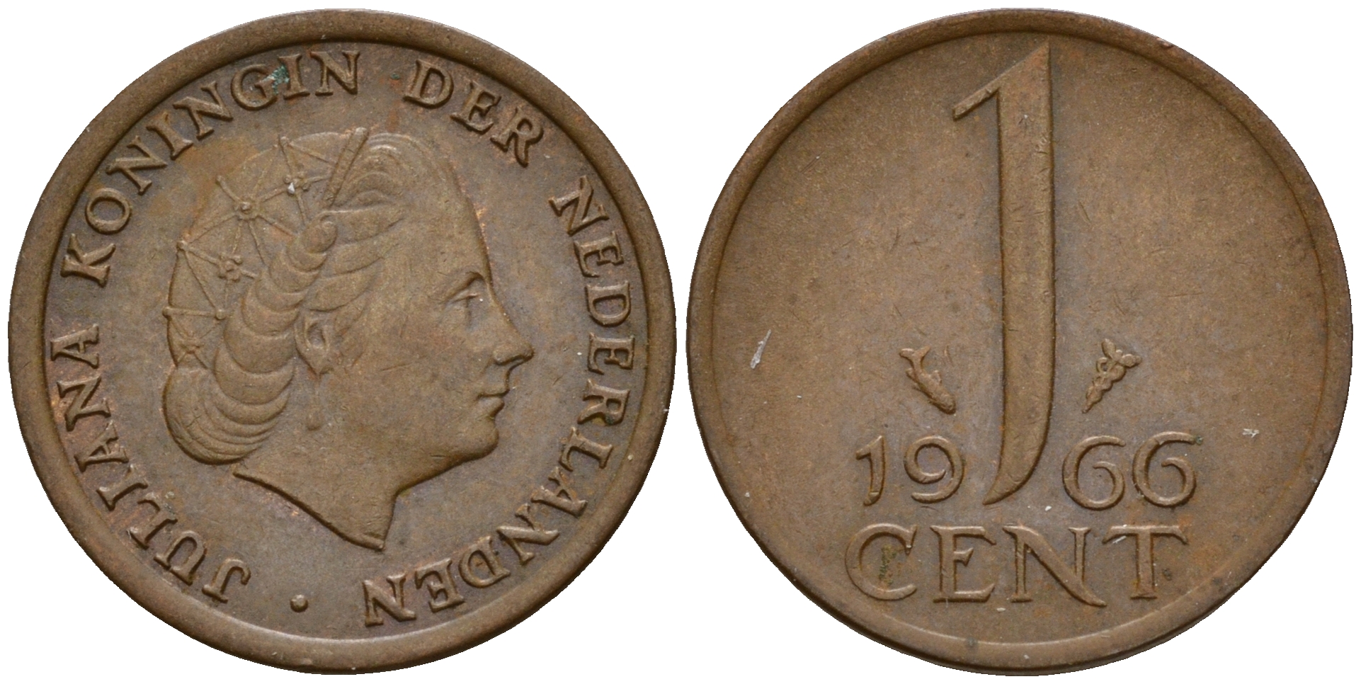 Нидерланды 1 цент 1966 Юлиана (1949-1980) large data KM 180 бронза    4598-245