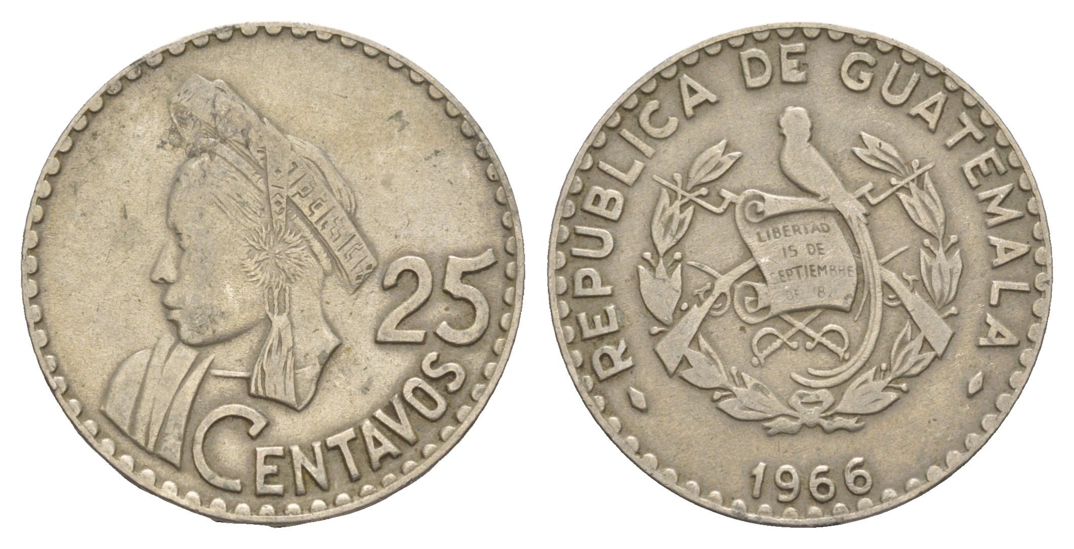 Гватемала 25 сентаво 1966 KM 268 медно-никель 4654-631