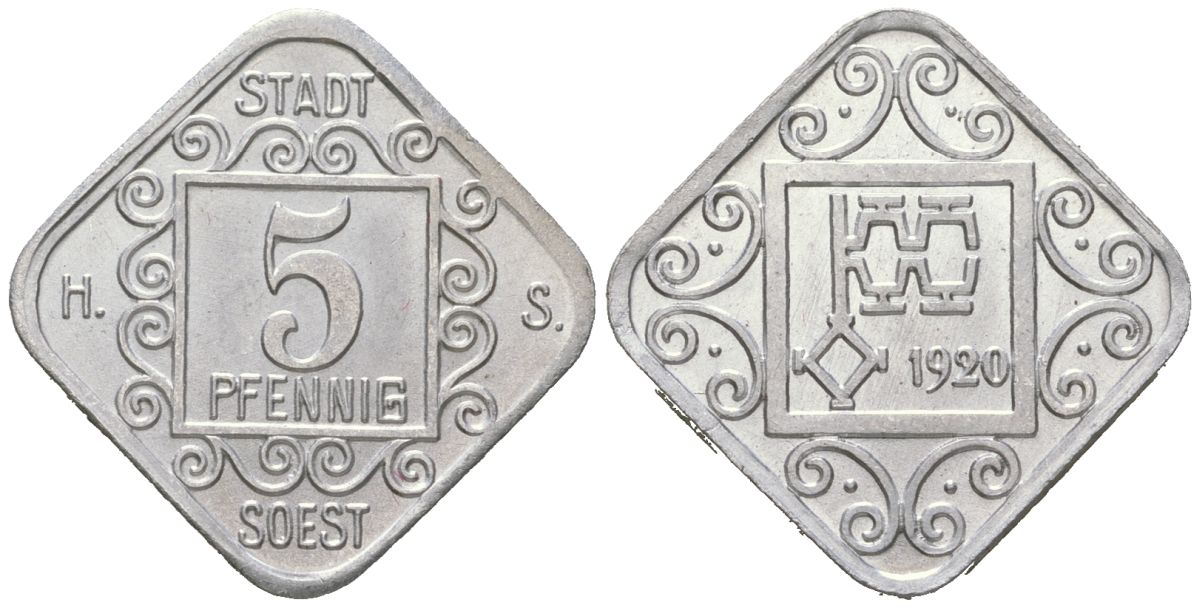 Зоест (Пруссия, Вестфалия) 5 пфеннингов 1920 Funck 504.4, Men05 23600.17, Men18 29530.17 алюминий aUNC 4169-1149