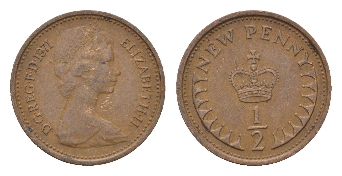 Великобритания 1/2 пенни 1971 Елизавета II (1952-2022) KM 914, Spink 4239 бронза 4697-867