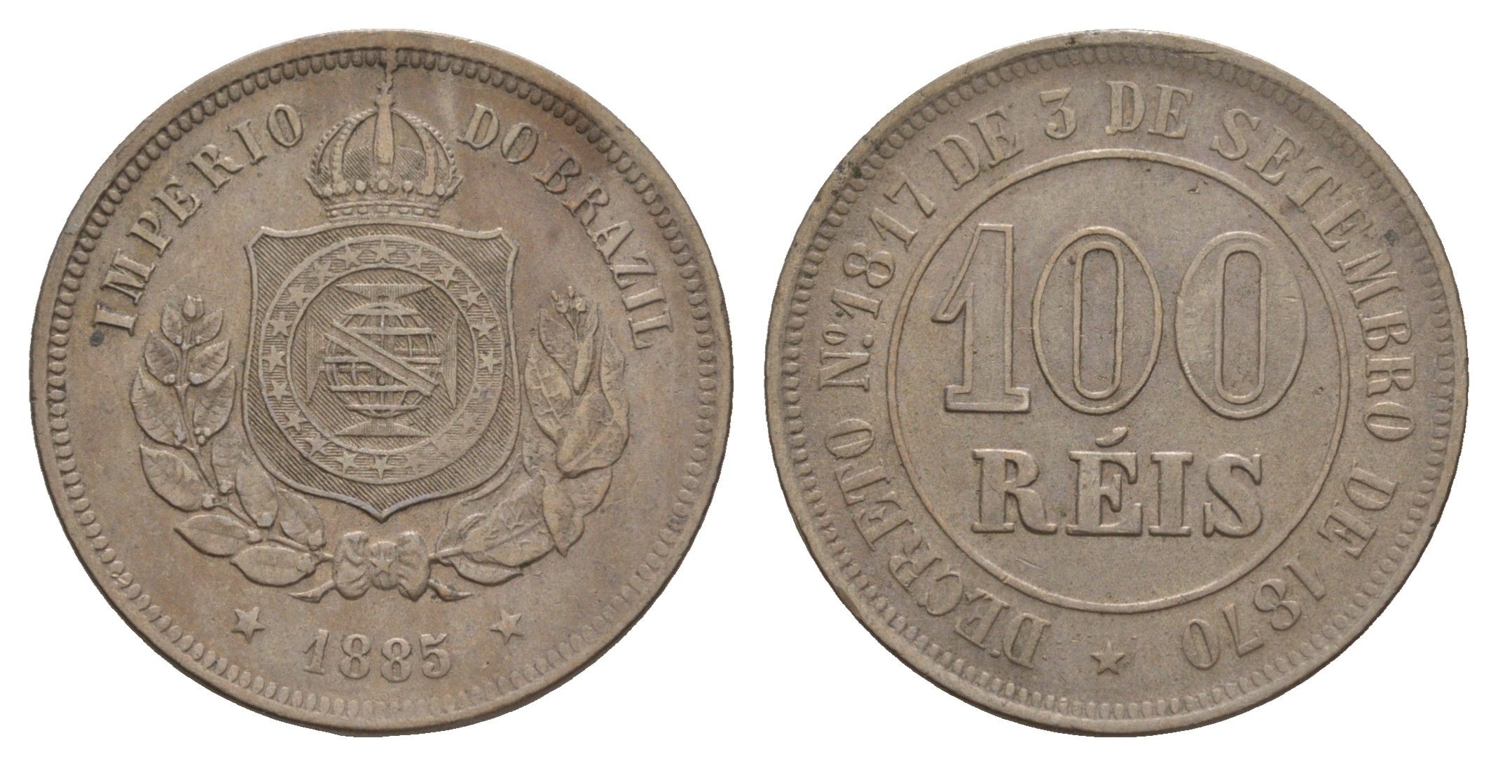 Бразилия 100 реалов (рейсов) 1885 KM 477 медно-никель 1519-1334