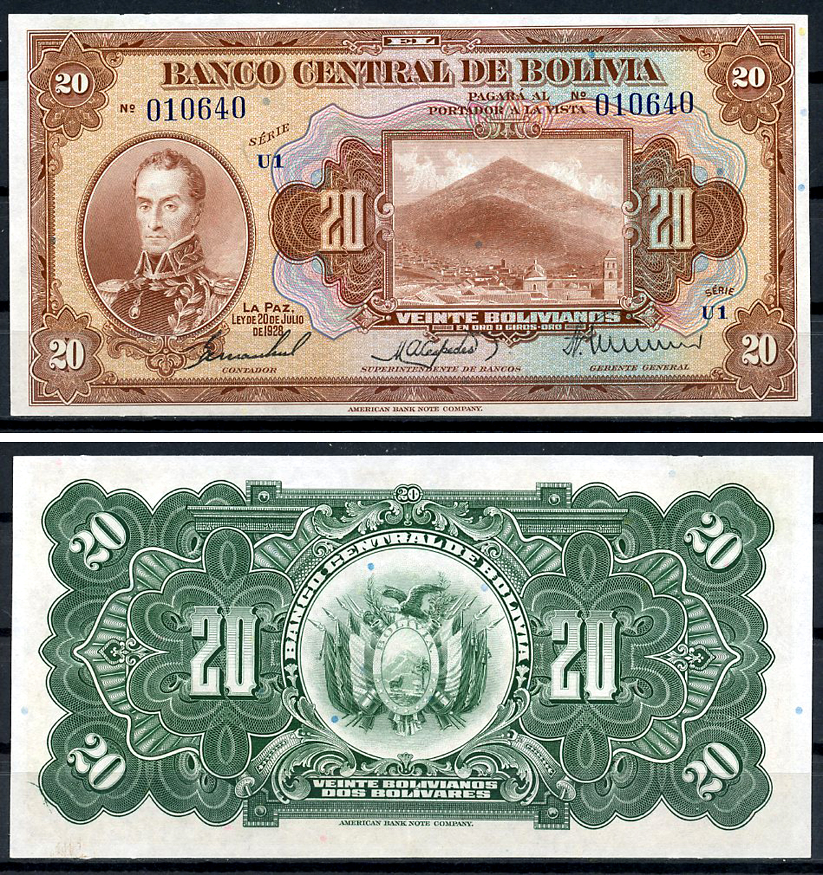 Боливия 20 боливиано 1928 Симон Боливар, Потоси, серия U1 Pick 122 a (8)  бумага  aUNC 444-16-3-2