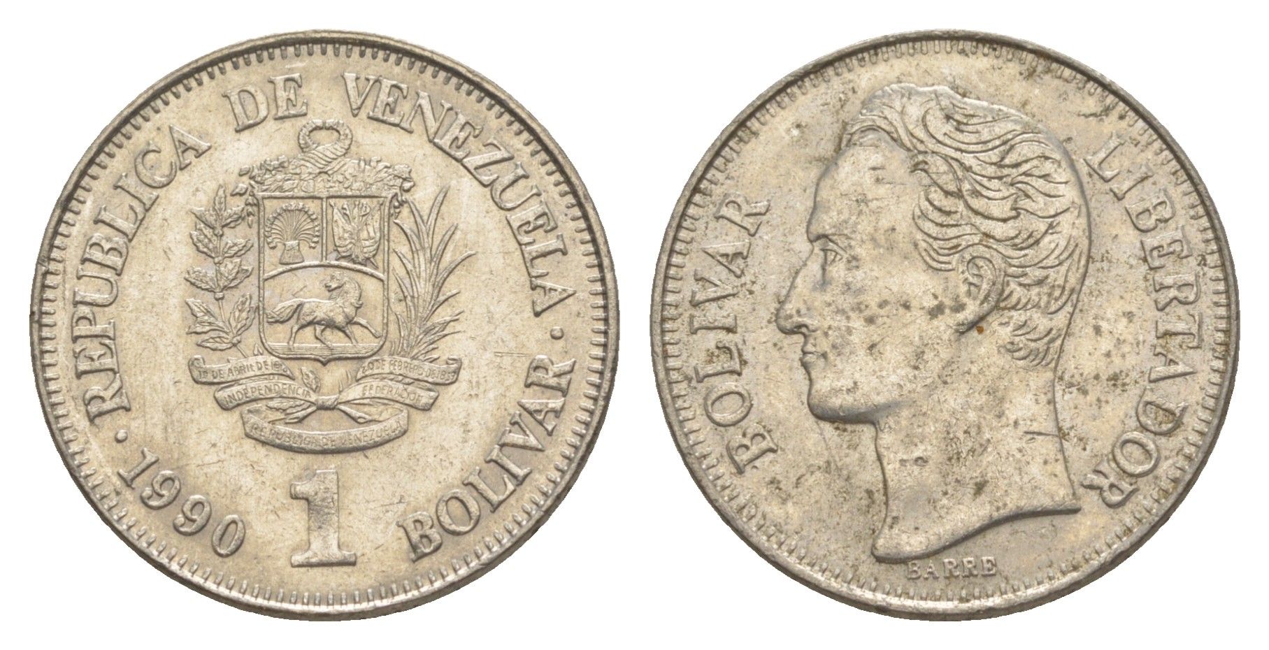 Венесуэла 1 боливар 1990 Симон Боливар, толстый шрифт Y 52a.2 сталь плакированная никелем 4591-543