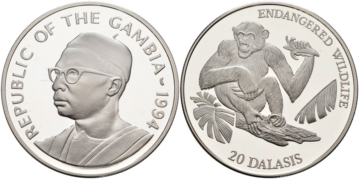 Гамбия 20 даласи 1994 серия защита окружающей среды, обезьяна, тираж 15000 экз. KM 38 серебро PROOF 1098-1-44
