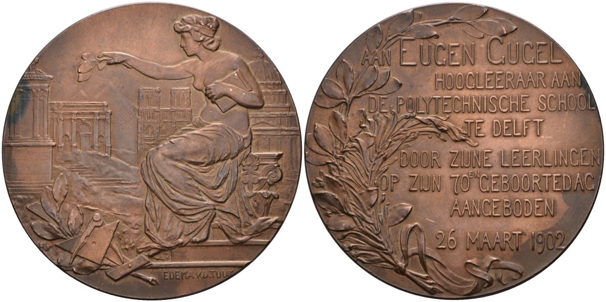 Нидерланды медаль 1902 26 марта 1902, на 70-летие Eugen Gucel, преподавателя технического университета в Дельфте, диаметр 59 мм бронза 1072-3-33