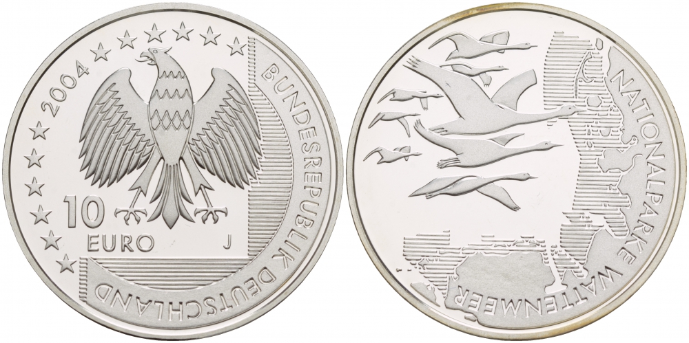ФРГ 10 евро 2004 J, Национальный парк, Ваттовое море (Wattenmeer) KM 232, DE.S 10.15 серебро PROOF 02-117-12