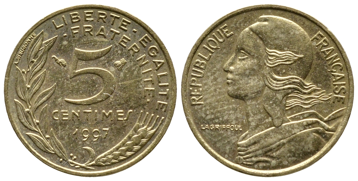 ФРАНЦИЯ 5 САНТИМОВ 1997 ТИП MARIANNE KM 933 медь алюминий никель 93-1326