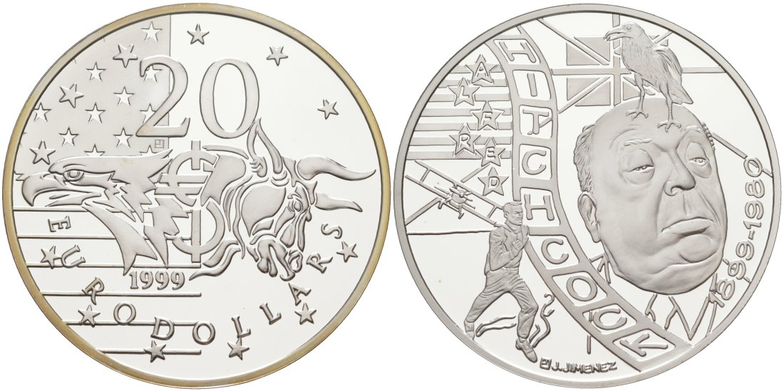 Нидерланды 20 евродолларов 2001 Альфред Хичкок (1899-1980), диаметр 39 мм., в коробке, с сертификатом серебро PROOF 3-4-3-45