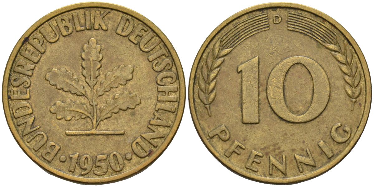 ФРГ 10 пфеннигов 1950 D KM 108 сталь плакированная латунью 4126-525