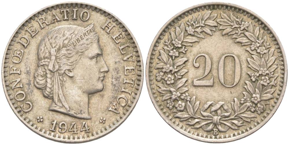 ШВЕЙЦАРИЯ 20 РАППЕНОВ 1944 В KM 29a медно-никель 55-714