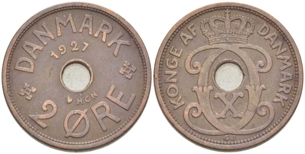 ДАНИЯ 2 ЭРЕ 1927 HCN; GJ, КРИСТИАН X (1912-1947) KM 827.1 бронза 212-945