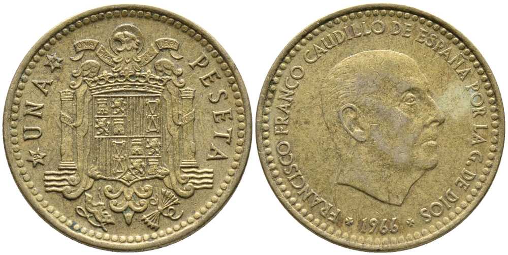Испания 1 песета 1966 (74) Франсиско Франко (1939-1975) KM 796 алюминиевая бронза 110-1235