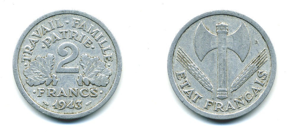 Франция 2 франка 1943 правительство Виши KM 904.1 алюминий 54-1216