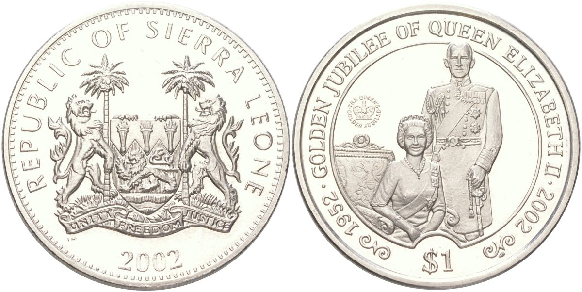Сьерра-Леоне 1 доллар 2002 50 лет правлению Королевы Елизаветы II - Елизавета II и принц Филипп KM 285 медно-никель BU 4368-1124