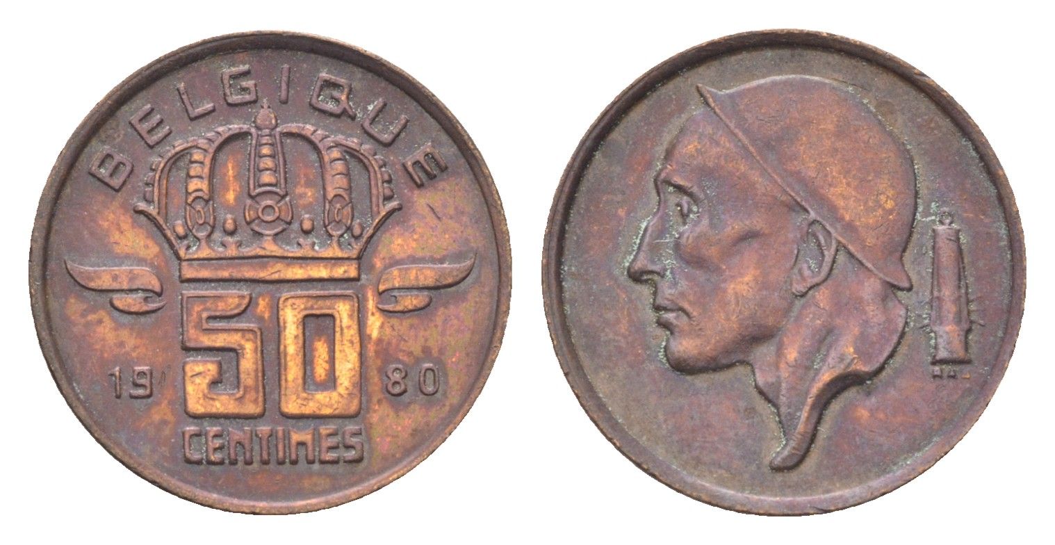 Бельгия 50 сантимов 1980 Belgique, Бодуэн I (1951-1993) KM 148 бронза 4705-231