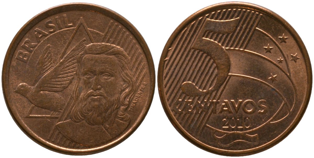 Бразилия 5 сентаво 2010 KM 648, Schon 156 сталь плакированная медью 4523-1231