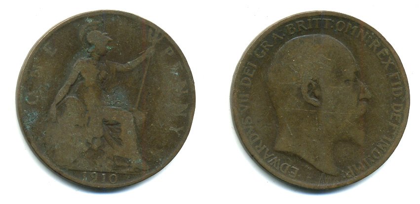 Великобритания 1 пенни 1910 Эдуард VII (1901-1910) KM 794.2, Spink 3990 бронза 47-815