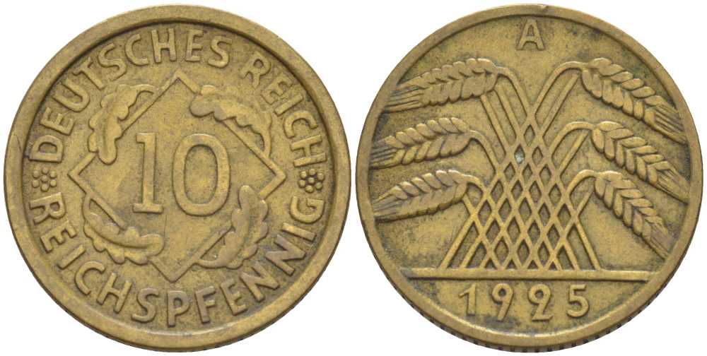 ГЕРМАНИЯ 10 РЕЙХСПФЕННИГОВ 1925 А KM 40, J. 317 алюминиевая бронза 175-211