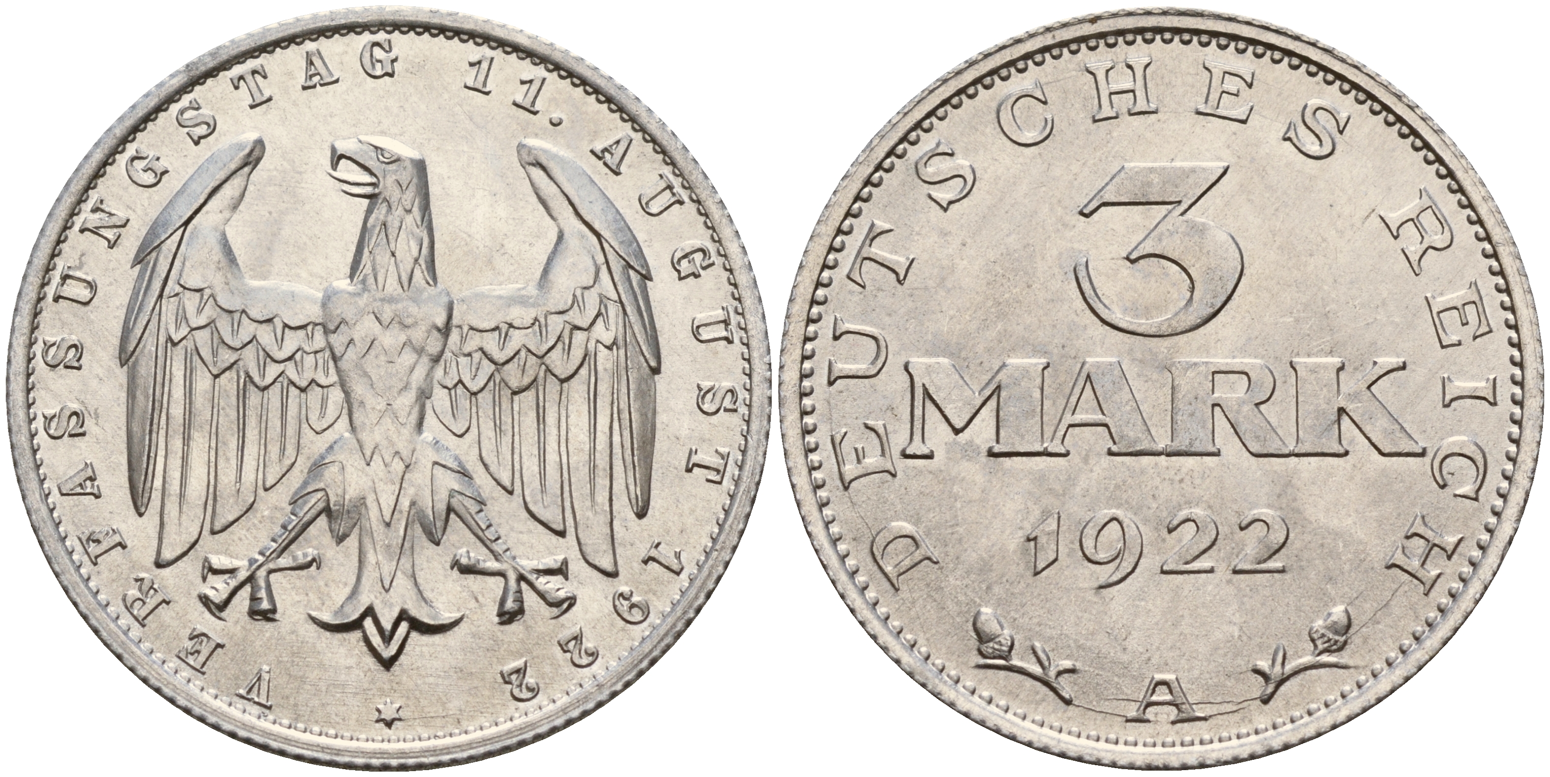 Германия 3 марки 1922 A, третья годовщина Веймарской Конституции KM 29, J. 303 алюминий 4117-121