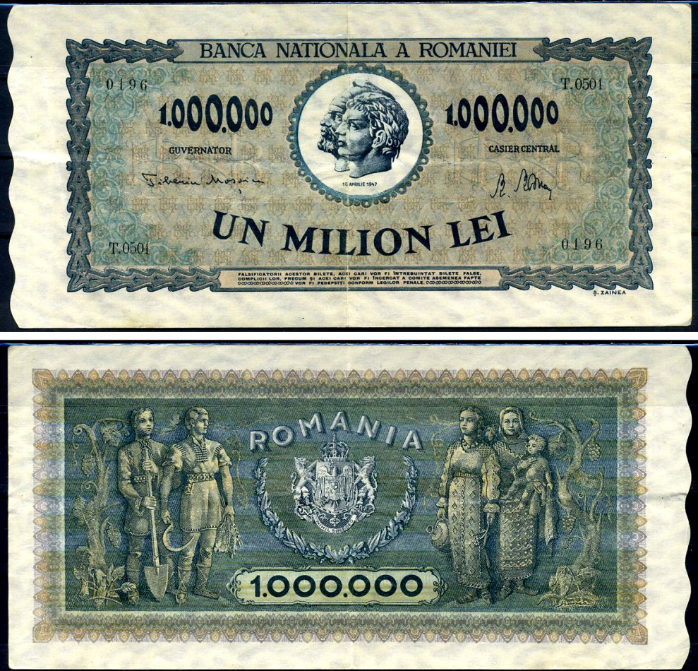 Румыния 1000000 леев 1947 Траян и Децебал, семья крестьян Pick 60 a бумага 8590-9-3-1