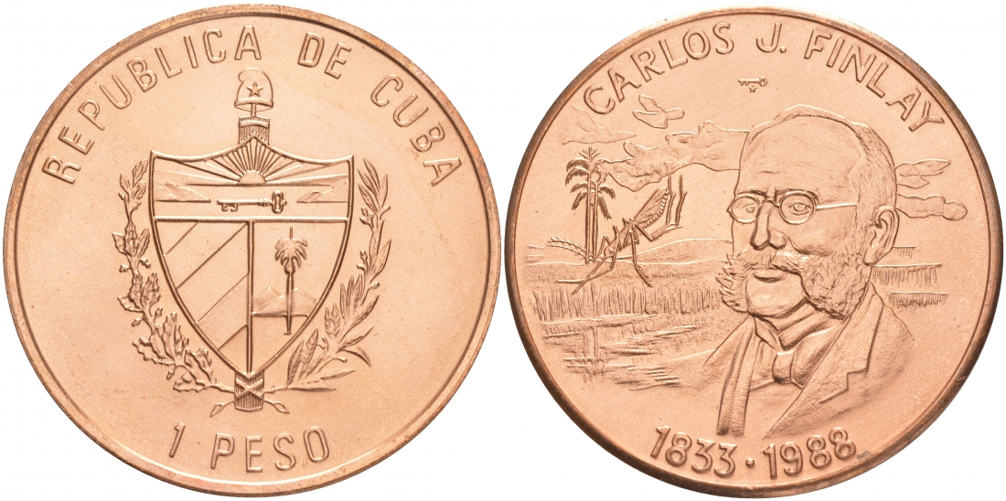 Куба 1 песо 1988 155 лет со дня рождения Карлоса Финлея KM 512 медь UNC M28-1
