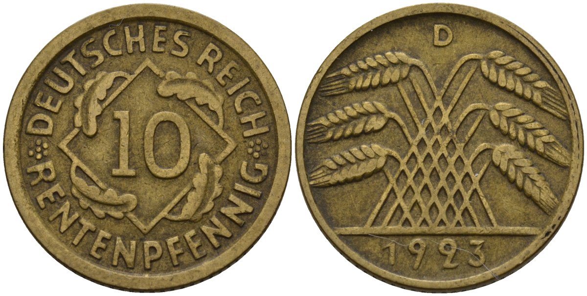 Германия 10 рентенпфеннигов 1923 D KM 33, J. 309 алюминиевая бронза 3336-125