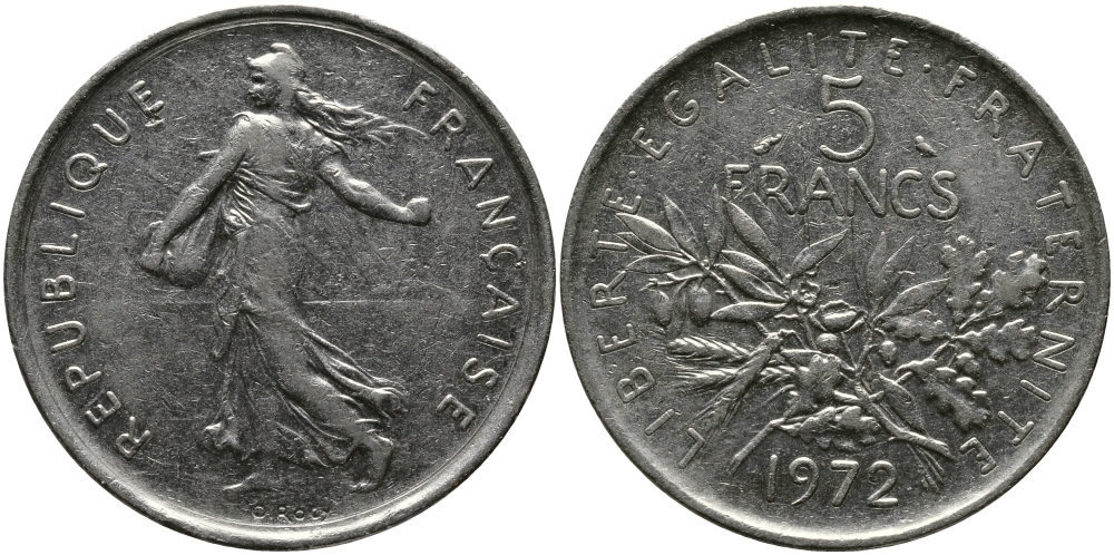 ФРАНЦИЯ 5 ФРАНКОВ 1972 СЕЯТЕЛЬ KM 926a.1, LE FRANC 341.4 медно-никель плакированный никелем 97-636