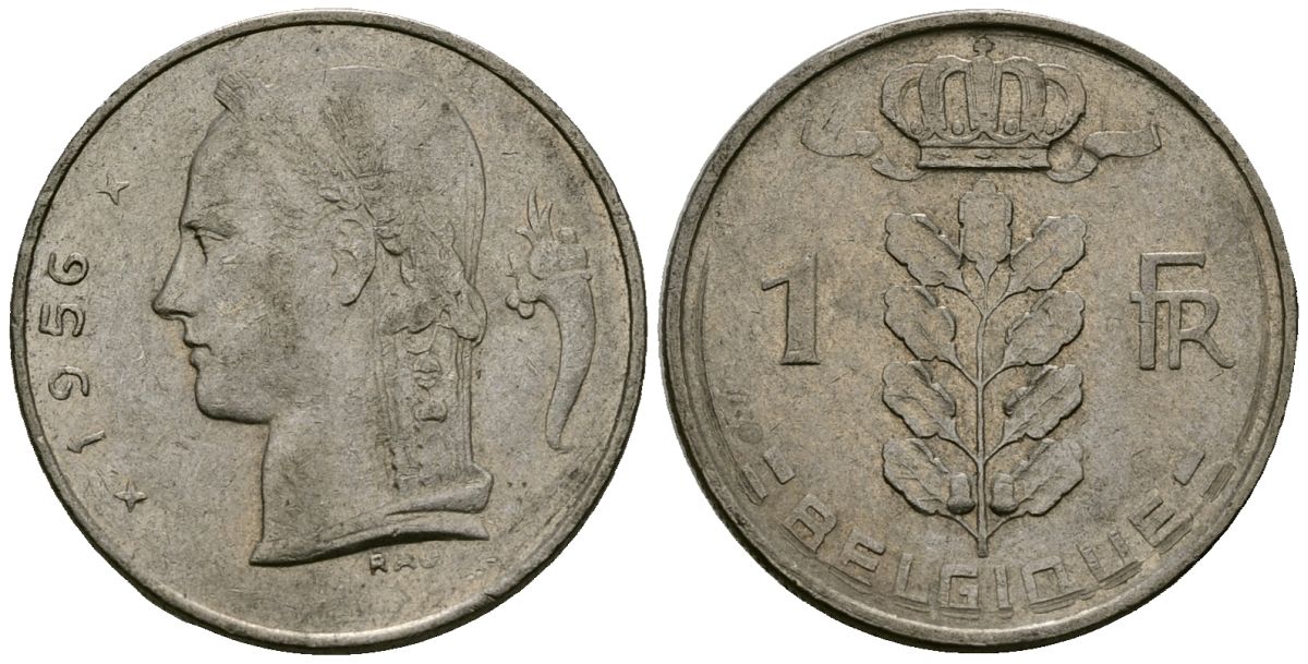 Бельгия 1 франк 1956 Belgique KM 142 медно-никель 4172-533